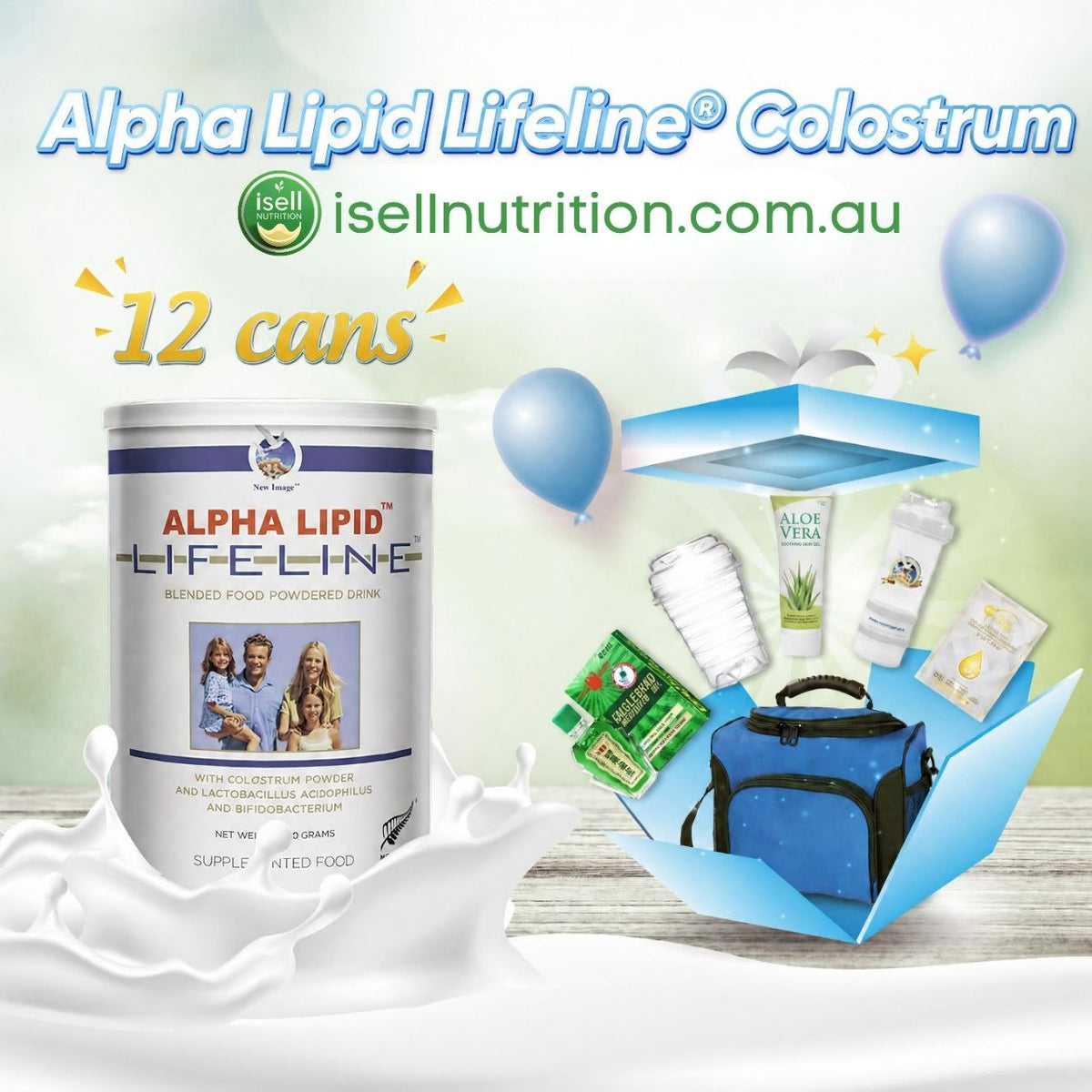 Alpha Lipid Lifeline Colostrum 450g 12 can pack with free gift options — iSell Nutrition Australia